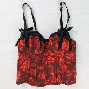 Cacique Red Black Floral Satin Bows Hook Closure Back Corset Bustier